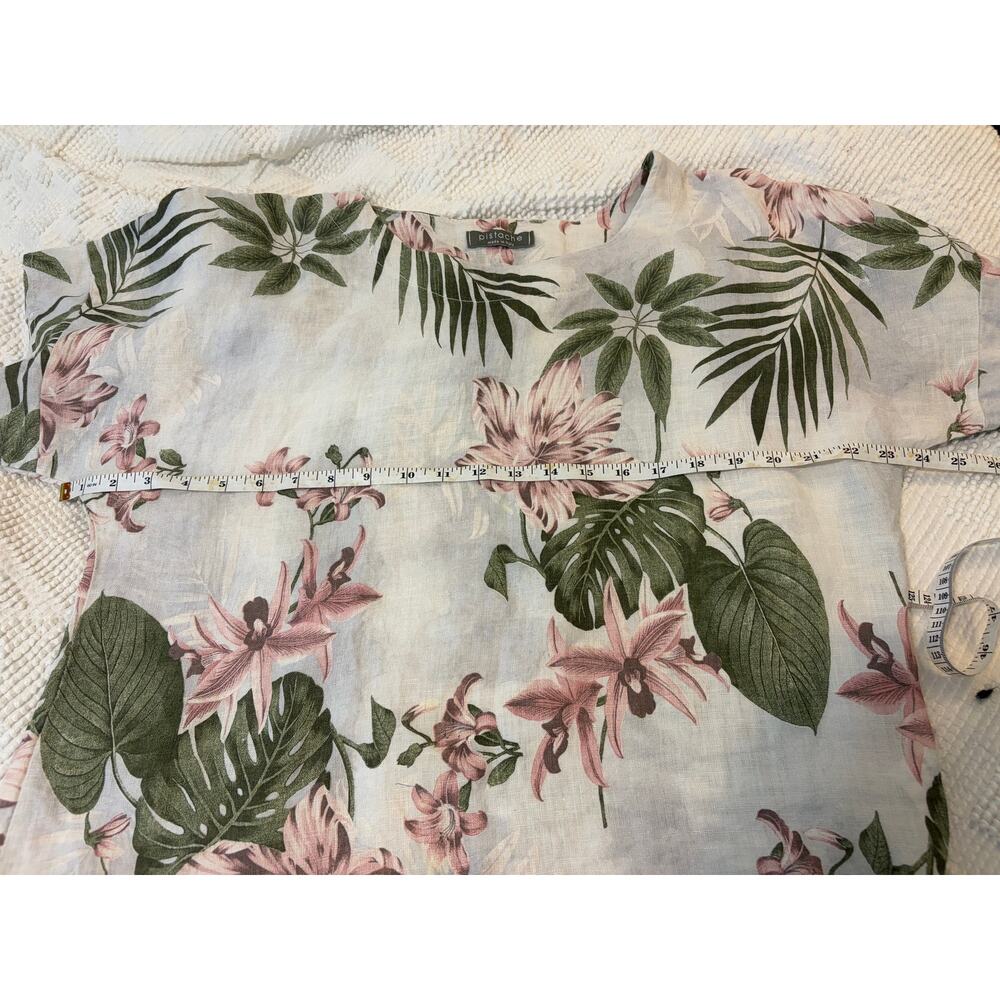 Pistache Italy 100% Linen Floral Top Medium Tropical Botanical Blouse Resort - Picture 7 of 7